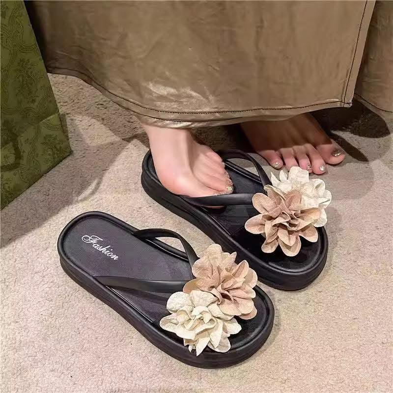 Women’s Fabric-Flower Soft PVC Flat Sandals in Black