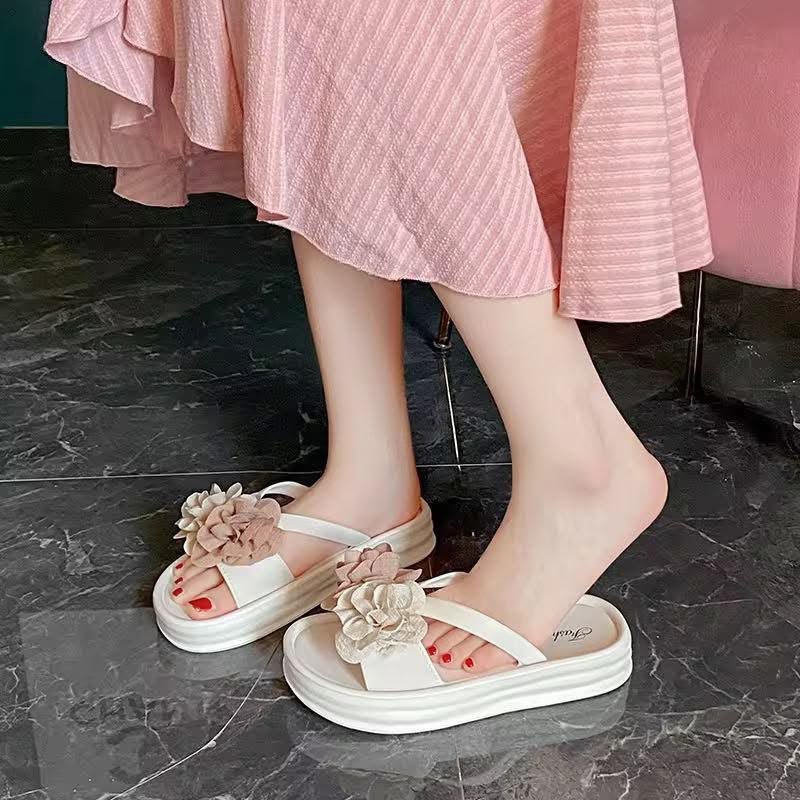Women’s Fabric-Flower Soft PVC Flat Sandals in White