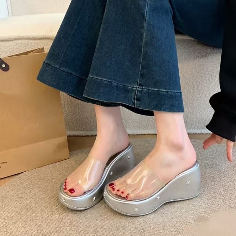 Women’s Star-Detail Transparent PVC 3-Inch Heel Sandals in Silver