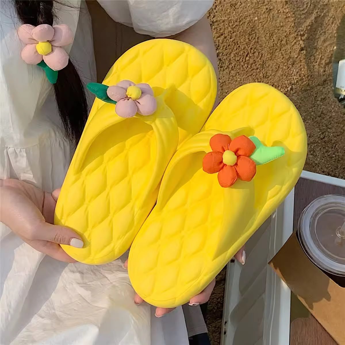 Women’s Big-Flower Soft PVC Flat Sandals in Yellow