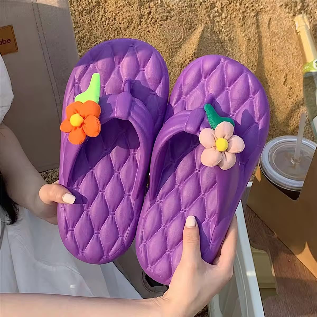 Women’s Big-Flower Soft PVC Flat Sandals in Purple